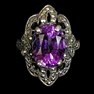 Amethyst Ring Vintage 925 Sterling Silver Marcasite Art Deco Style